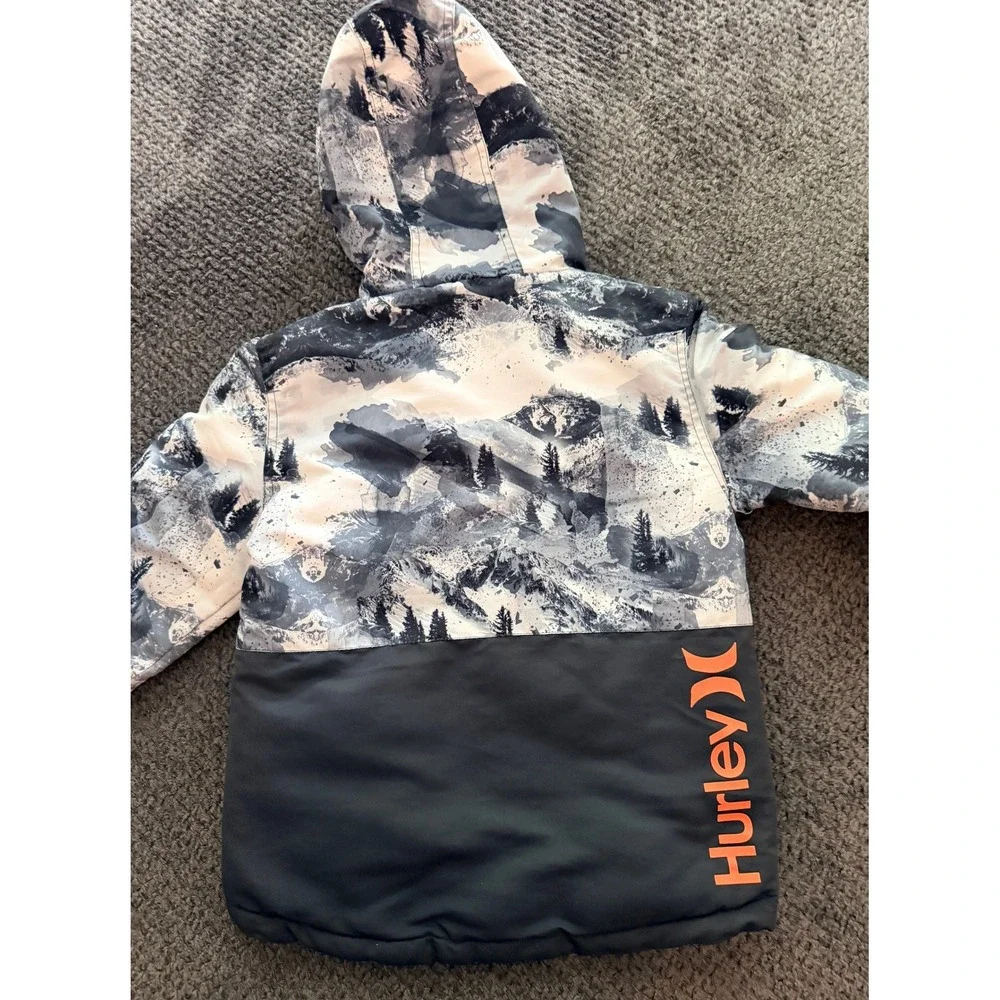 Hurley Puffer Jacket Kids XS 5/6 Gray Mountain Print Hooded Winter Coat Logo